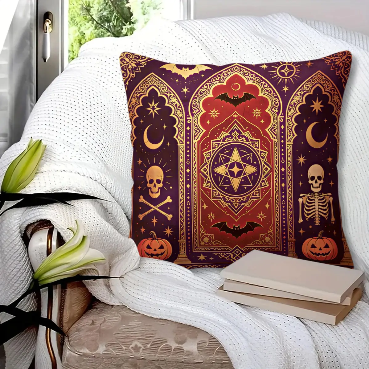 45x45cm1Pc Dark Halloween Throw Pillow, Oriental Arch Skull Bat Magic Star Print, Holiday Indoor Decor Cushion With Insert