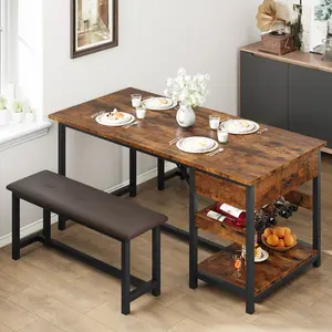 OUTGOODS Modern Space-Saving Dining Set for 4, Dining Table with 2 PU Leather Upholstered Benches, Built-in Storage Drawers & Wine Rack for Small Apartment Kitchen Breakfast Nook