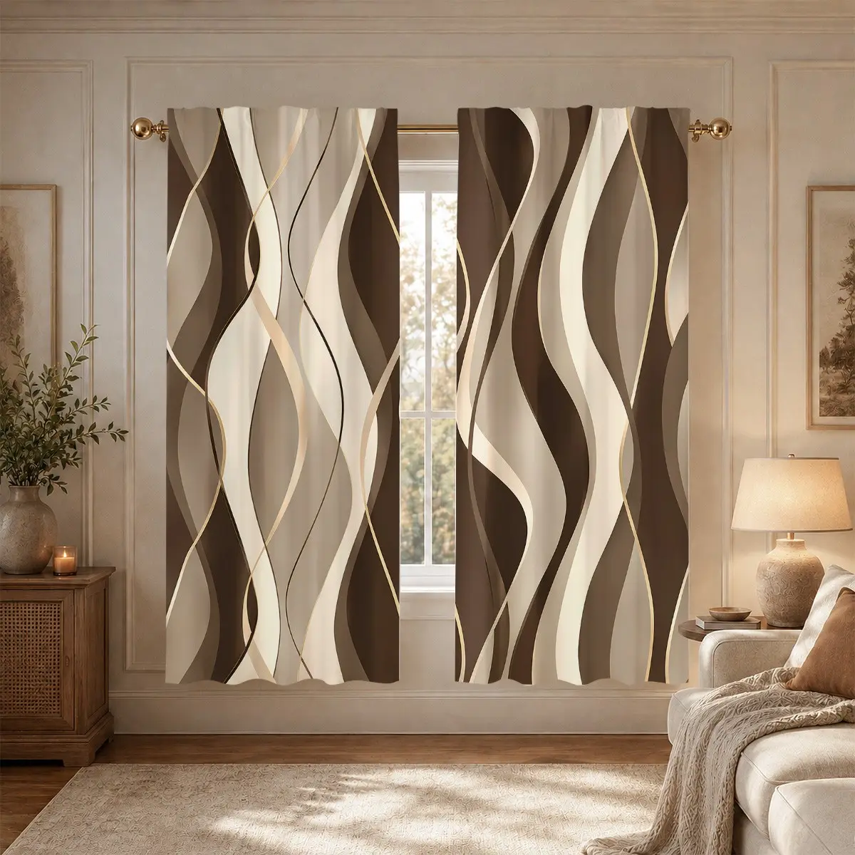 2pcs brown and gold-plated wave semi-blackout curtains. Modern light luxury living room and bedroom fabric curtains, made of polyester, suitable for bedrooms, kitchens, studies, cafes, etc. Window Drapes