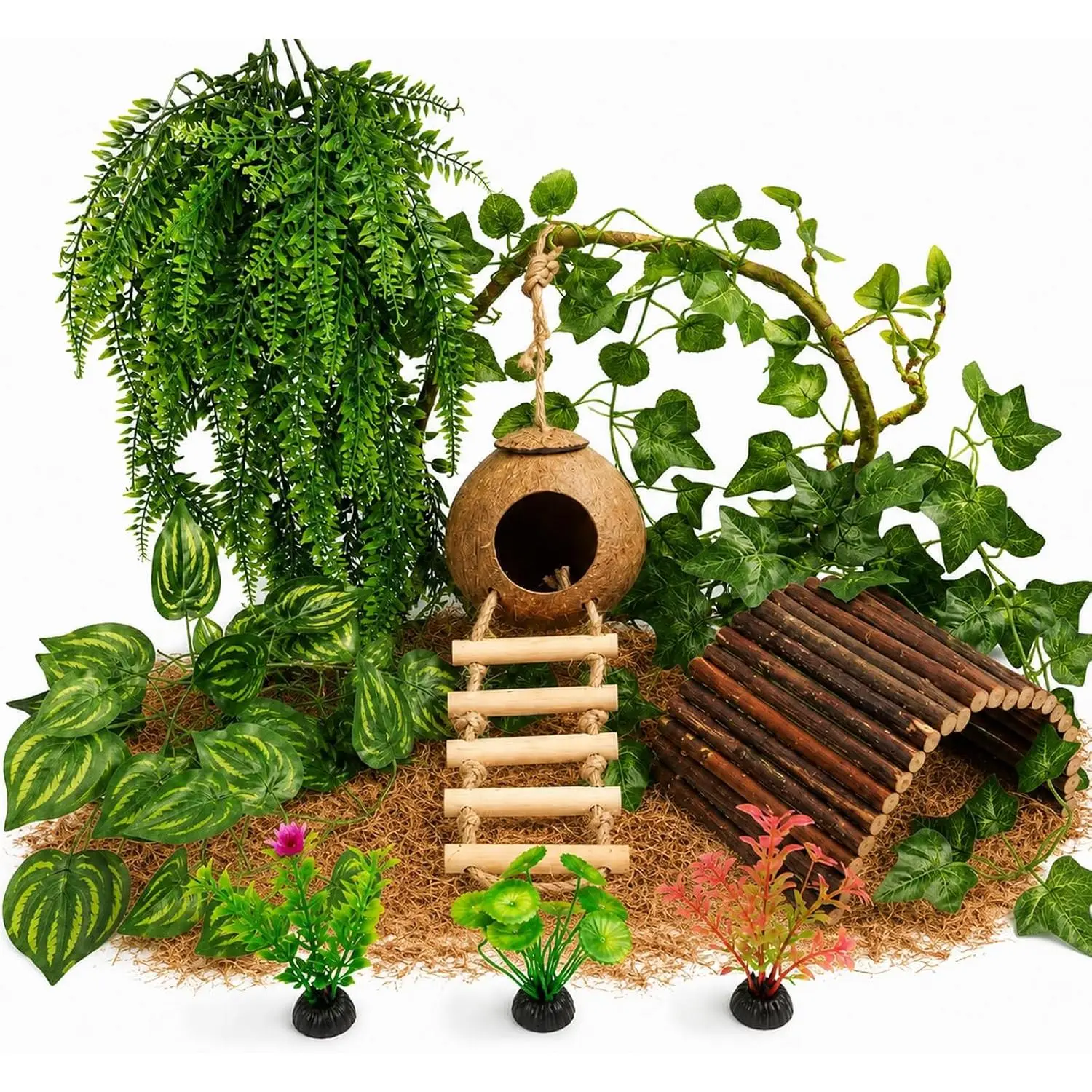 Crested Gecko  Accessories,Reptile Vines  with Coconut Shell Ladder Hideout Hermit Crab Decor for Leopard Gecko Lizard Chameleon Tortoise Snake Terrarium Decor