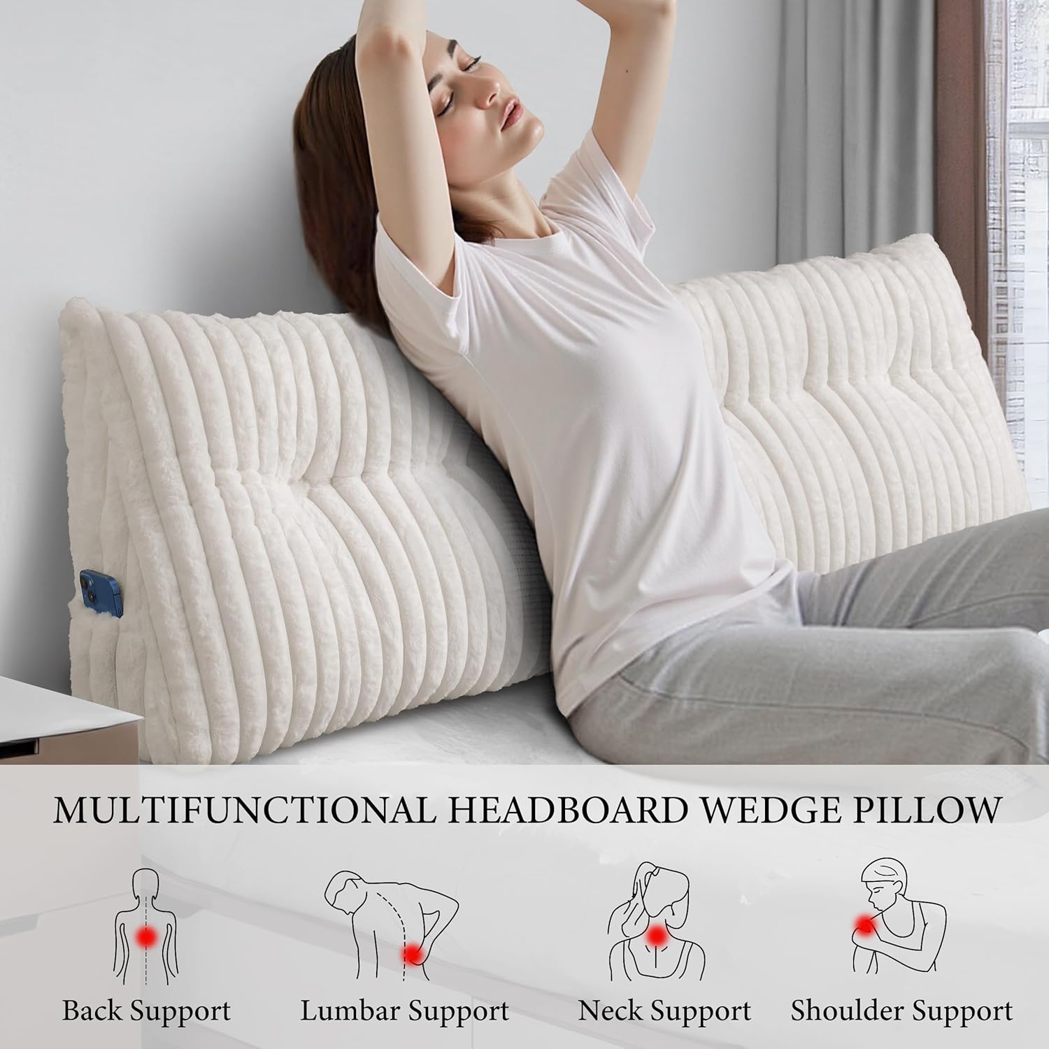 Headboard Pillow , Triangular Wedge Pillow Headboard , Cushion Headboards Reading Pillows, Backrest Pillows for Sitting in Bed or Working with Removable Cover, Beige