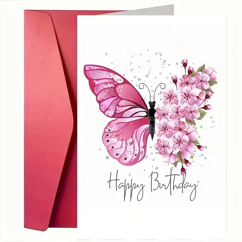 1pc beautiful pink butterfly birthday card, perfect as a birthday card or Christmas gift for family, friends, classmates, or coworkers. Made of high-quality paper and comes with an envelope—suitable for anyone.
