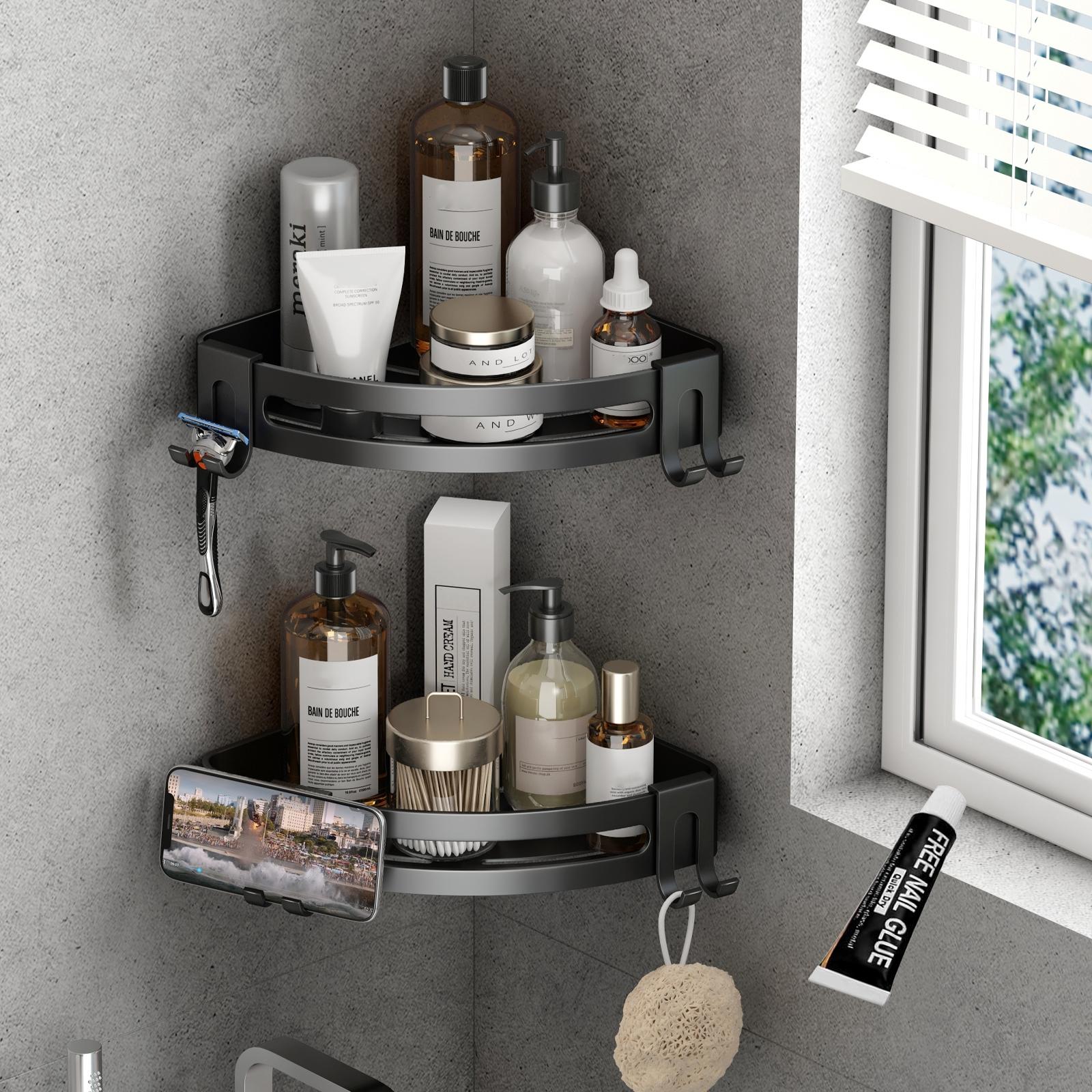 Corner Shower Caddy Suction Cup Shower Shelf Corner No Drilling Bathroom Shower Organizer Storage Rack Adhesive with Towel Bar Hooks (,Matte Gray) : Home & Kitchen