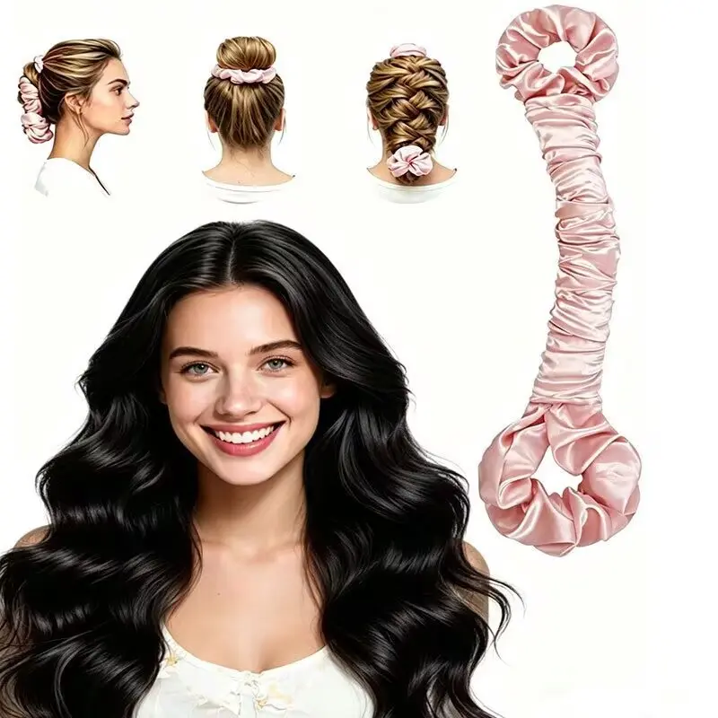 Satin Heatless Curling Rod Set - Large Size for Fluffy Big Curls, Multifunctional No-Heat Hair Curler with Crinkle Styling Headband and Stylish Colorful Ties tool head piece reusable wraps leopard pattern hair band style cute Sleep