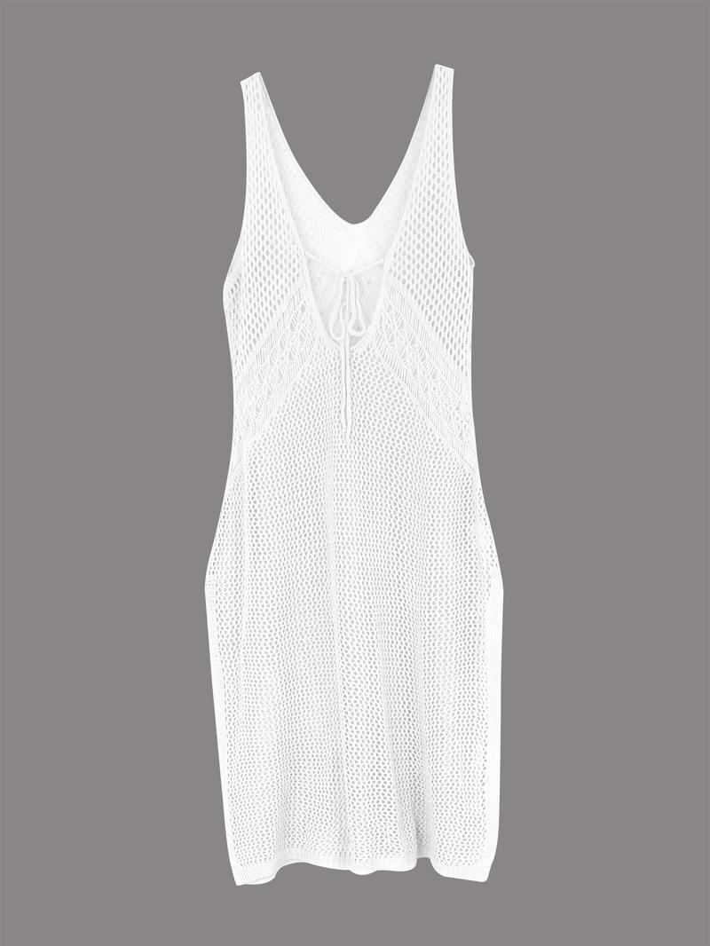 Women's Plain Hollow Out Split Thigh Tie Back Sheer Tank Dress, Summer Clothes Women, Casual V Neck Sleeveless Cover Up Dress for Summer, Ladies Clothes for Beach Holiday, Swimwear Coverups, Swimsuit Cover Up, Summer Swimming Cover