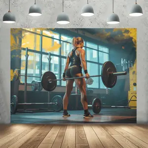 Female Weightlifting Gym Motivation Athlete Backdrop Party Banner Tapestry Photography Background Fitness Strength Theme Fabric Wall Hanging Event Decor Sports Training Indoor Outdoor Polyester Fiber Durable Decorative Banner Cloth