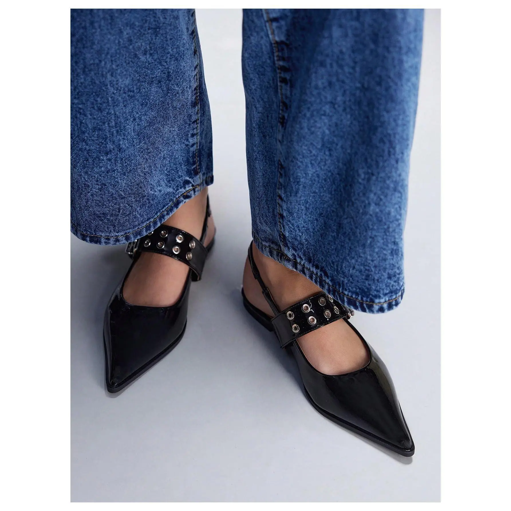Buckled Straps Pointed Toe Slingback Flat Ballerina Shoes, Dress Shoes