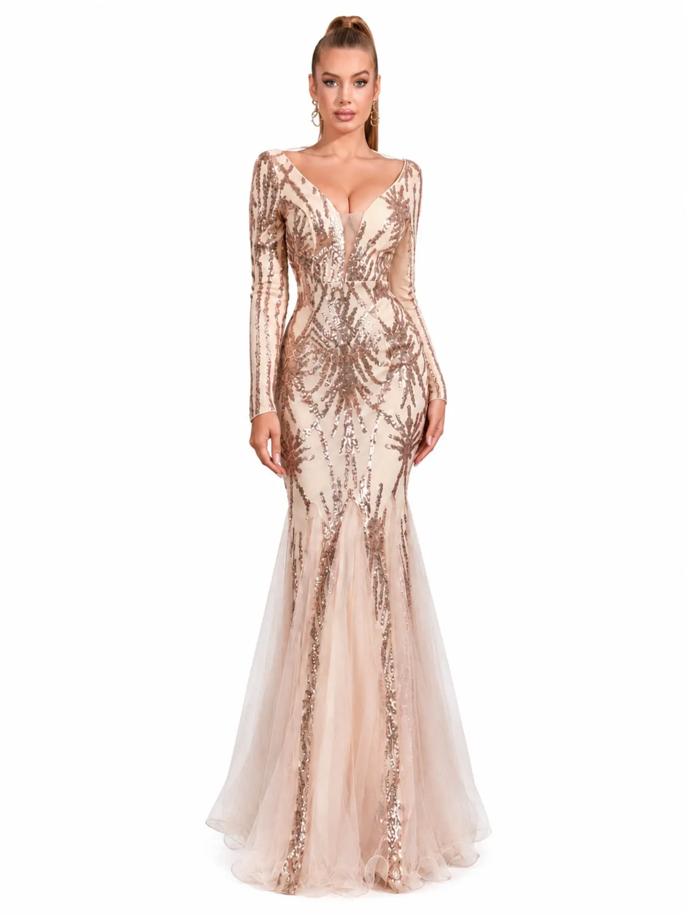 Women Long Sleeve Polyester Sequin Mermaid Flared Formal Dress Deep V Neck Tie Back Tulle Maxi Gown Champagne Rose Gold Evening Party Wedding Guest Prom Pageant Cocktail Long Dress