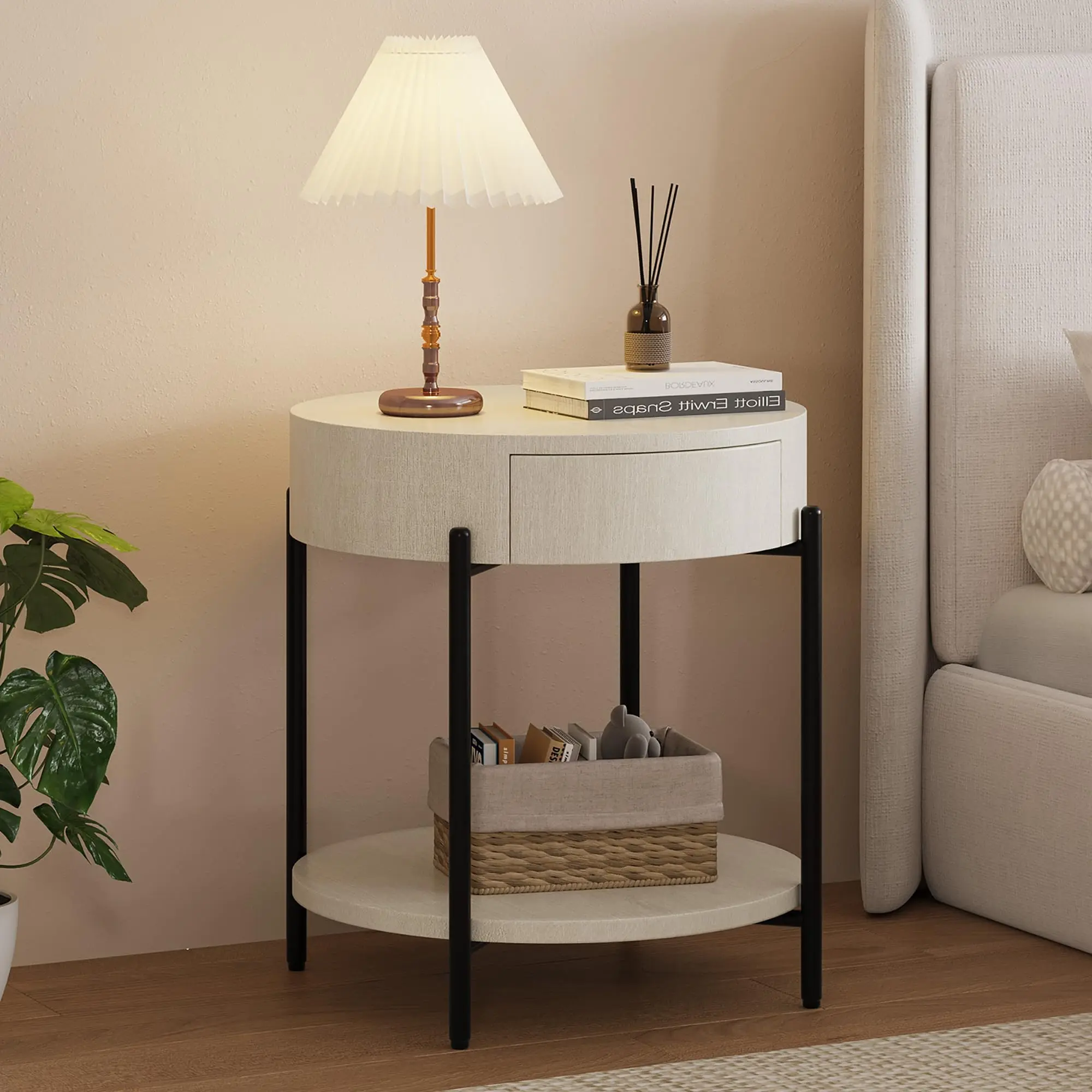 Vintage Farmhouse Round End Table with Drawer - 19.7" Wooden Side Table Nightstand with Metal Legs for Bedroom & Living Room - Sturdy