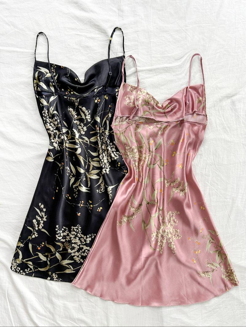 Women's Floral Print Cami Nightdress, Draped Spaghetti Strap Sleeveless Nightgown, Soft Comfy Sleepwear Loungewear Set for Women