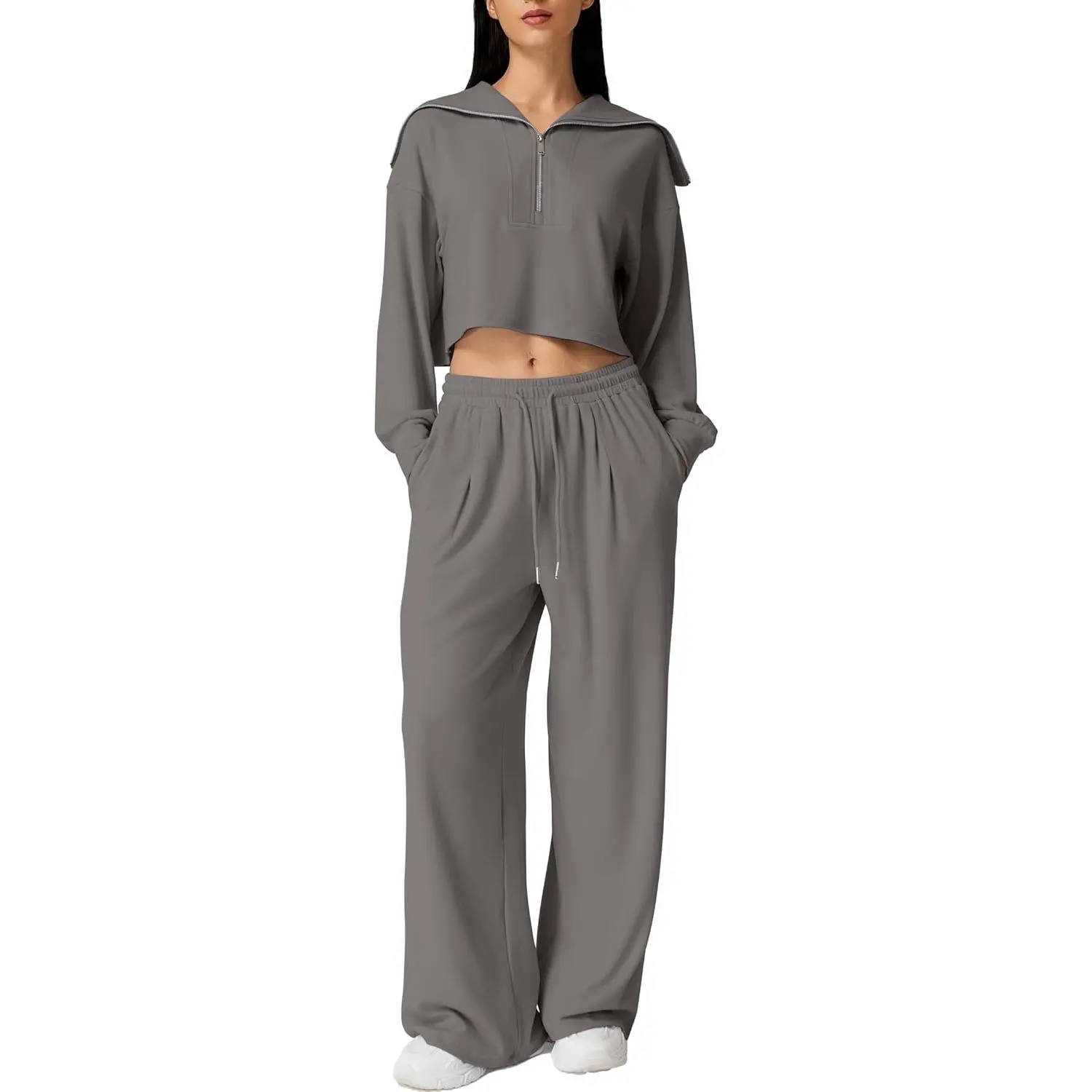 Women's 2 Piece Lounge Set, Chic Oversized Half-Zip Crop Sweatshirt and Wide Leg Pants, Comfortable Brushed Matching Sweatsuit, Fitness, Loungewear, Style, Casual, Soft, Clothes, Sweatpants, Fabric, Drawstring, Acrylic, Casual Women's Set, Comfy Sets