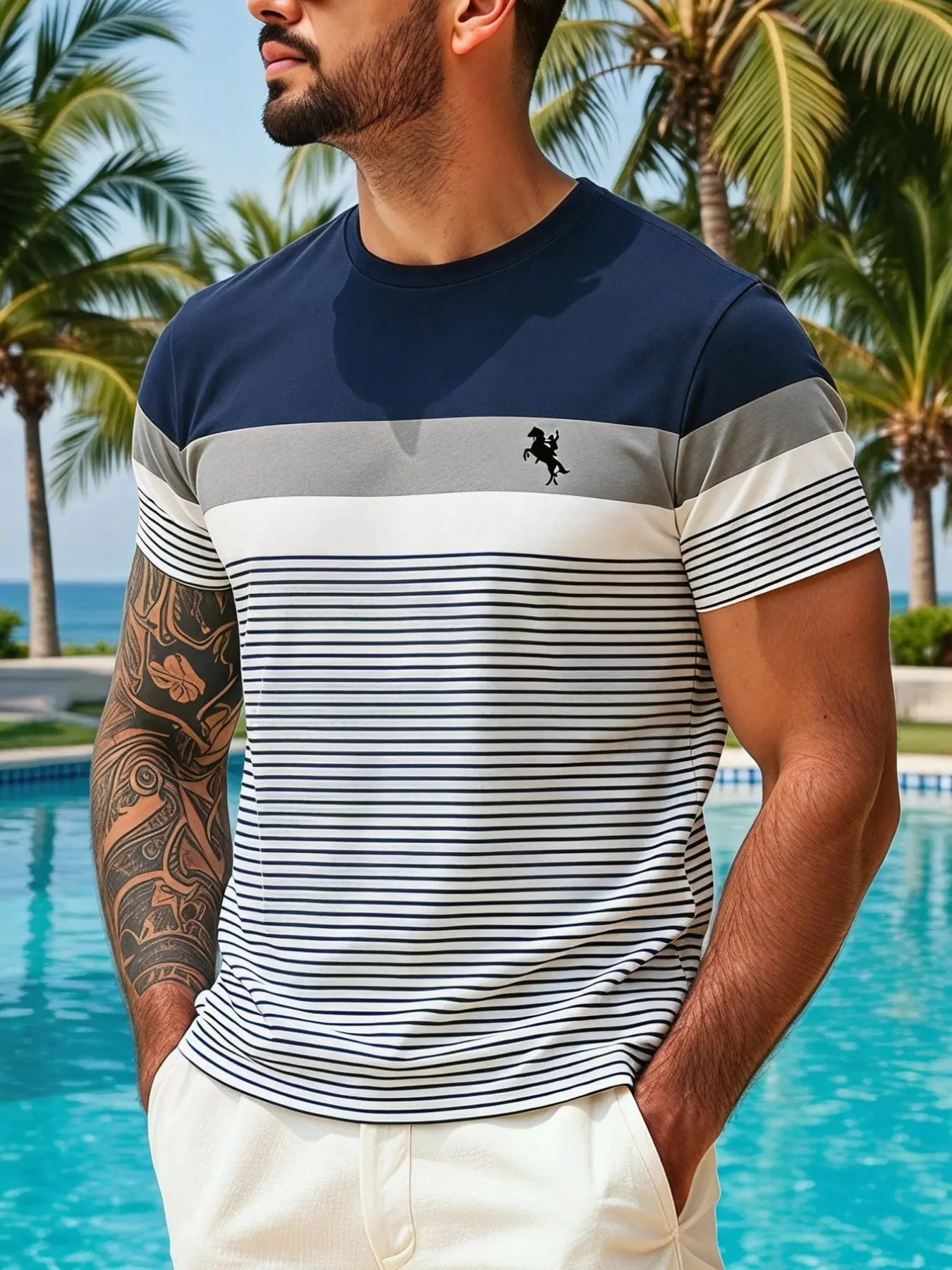 Men's Casual Striped Short Sleeve T-Shirt, Knight Logo Patch Design, and, Summer Holiday Festival Style
