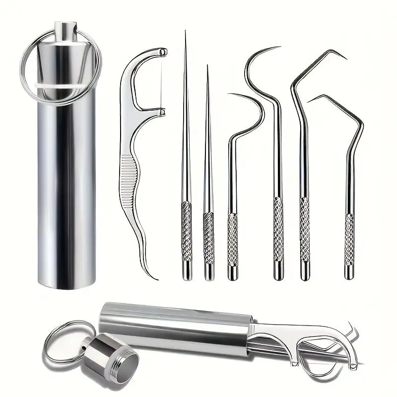 Portable Teeth Cleaning Kit, Stainless Steel Toothpick & Floss Set, Reusable Teeth Cleaning Kit, Portable Pocket Size Teeth Cleaning Tool for Home & Travel