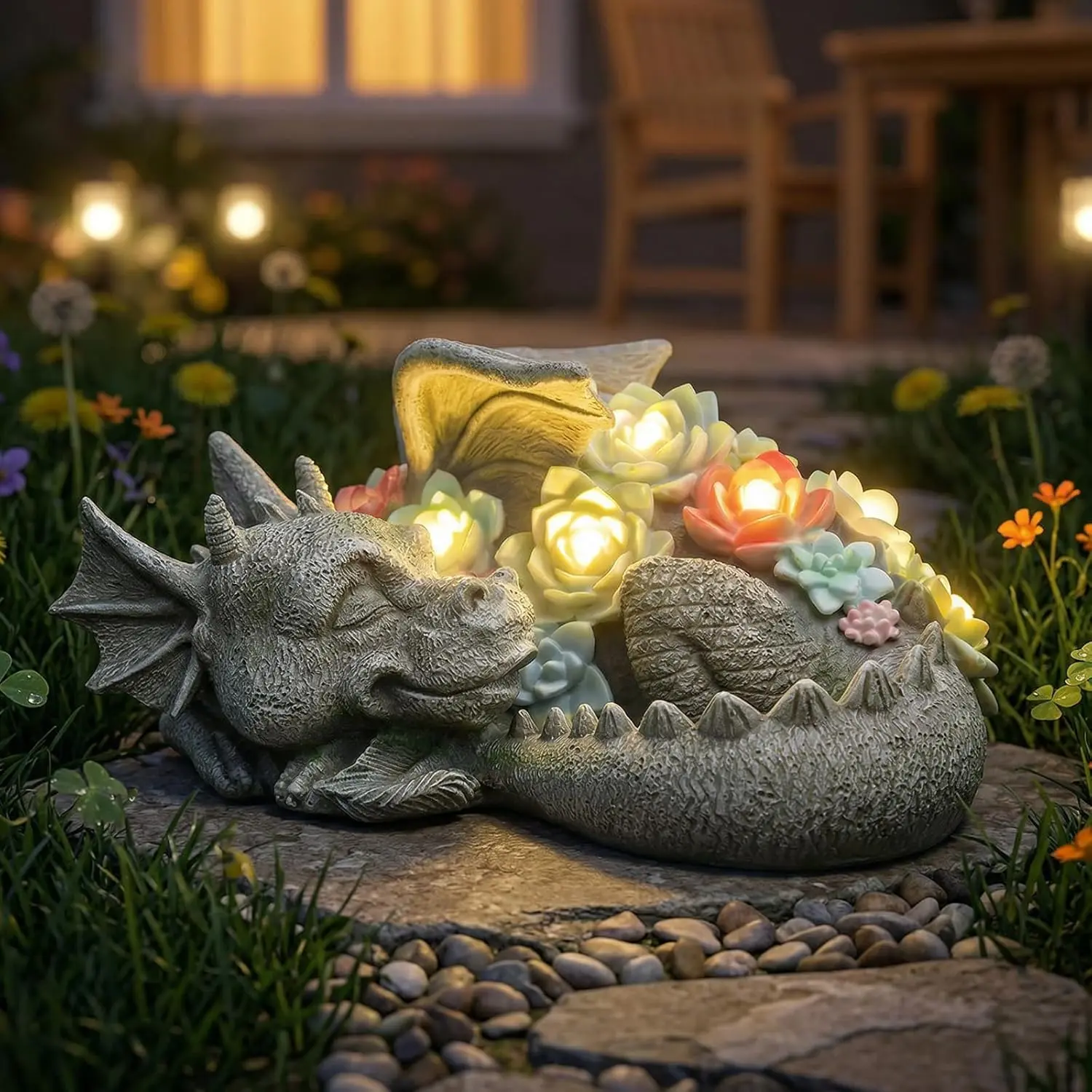 Garden Dragon Statue Outdoor Decor, Coiled Sleeping Dragon Figurine with Solar Light Succulent, Waterproof Resin Garden Sculpture for Outside Lawn Patio Yard Ornament