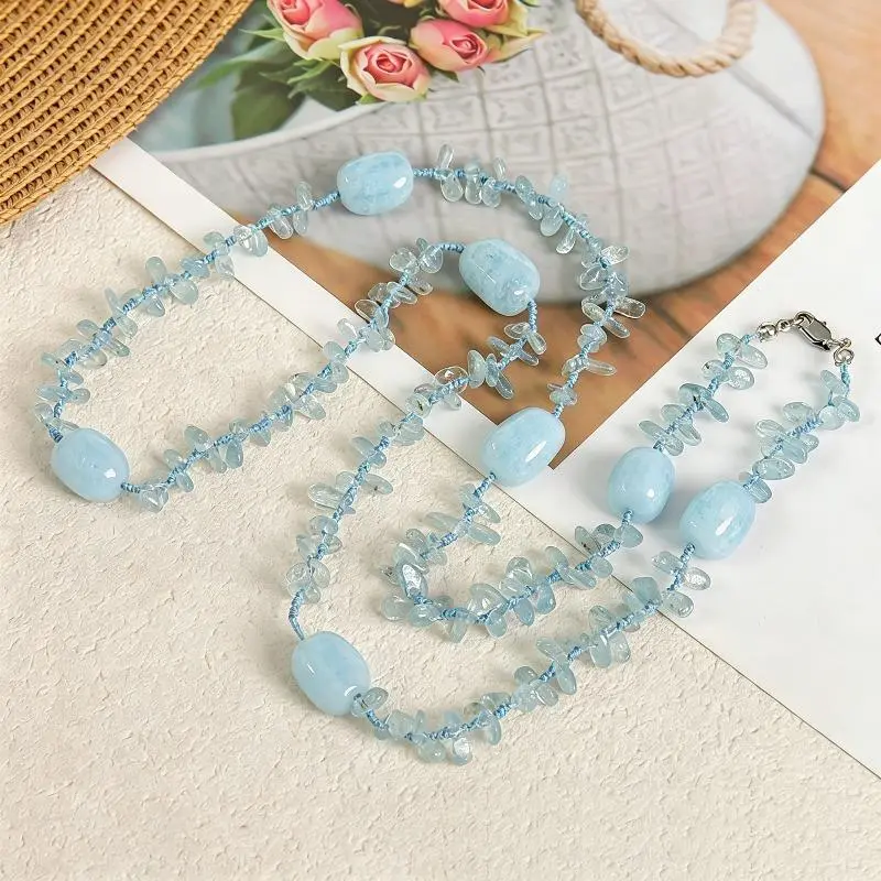 Natural Stone Beaded Necklace for Women, Bohemian Long Statement Aquamarine Crystal for Chakra Healing & Yoga, Crystal Necklaces, Aquamarine Crystal Bead Necklaces