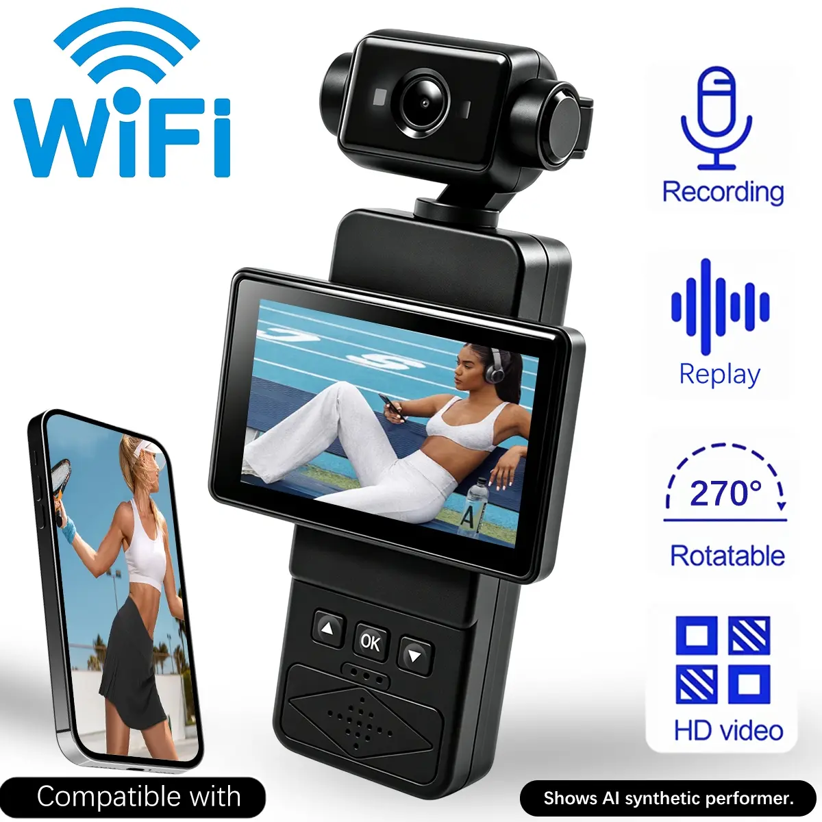 1080P HD Pocket Camcorder, 270° Rotating Screen Action Camera with WiFi, Automatic Loop Recording, Handheld Vlogging Video Recorder, 2.65" Display, Support 1–32GB Memory Card, Unisex, Perfect for Daily, Outdoor & Festival Use, Portable Vlogging Camera