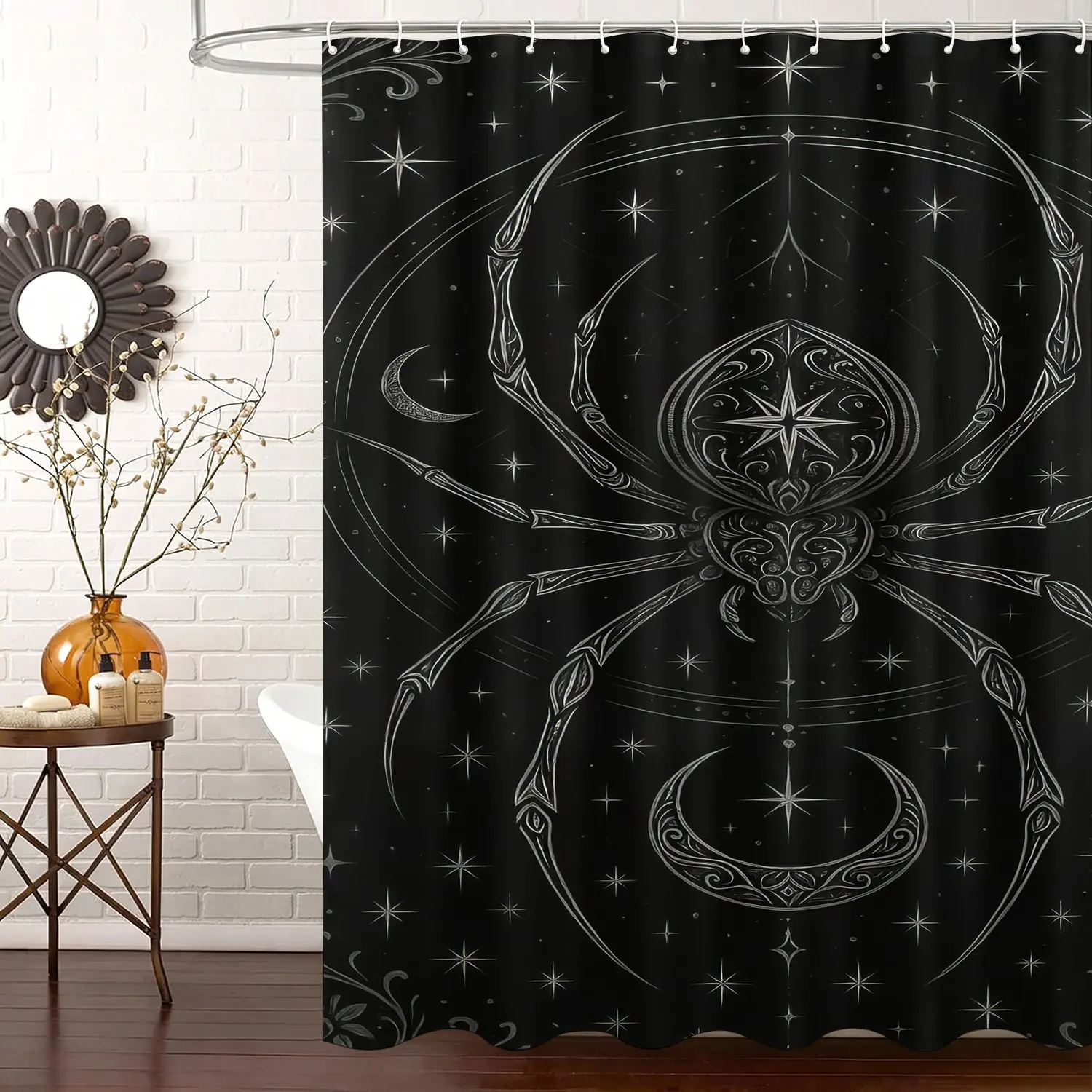 Starry Sky Spider Pattern Shower Curtain, Gothic Line Art  Bathroom Curtain, Waterproof, Complete with Quick Install Hanging Hooks, Dark Gothic Themed Decor Shower Curtain, for Dark Aesthetic Bathroom Vibe
