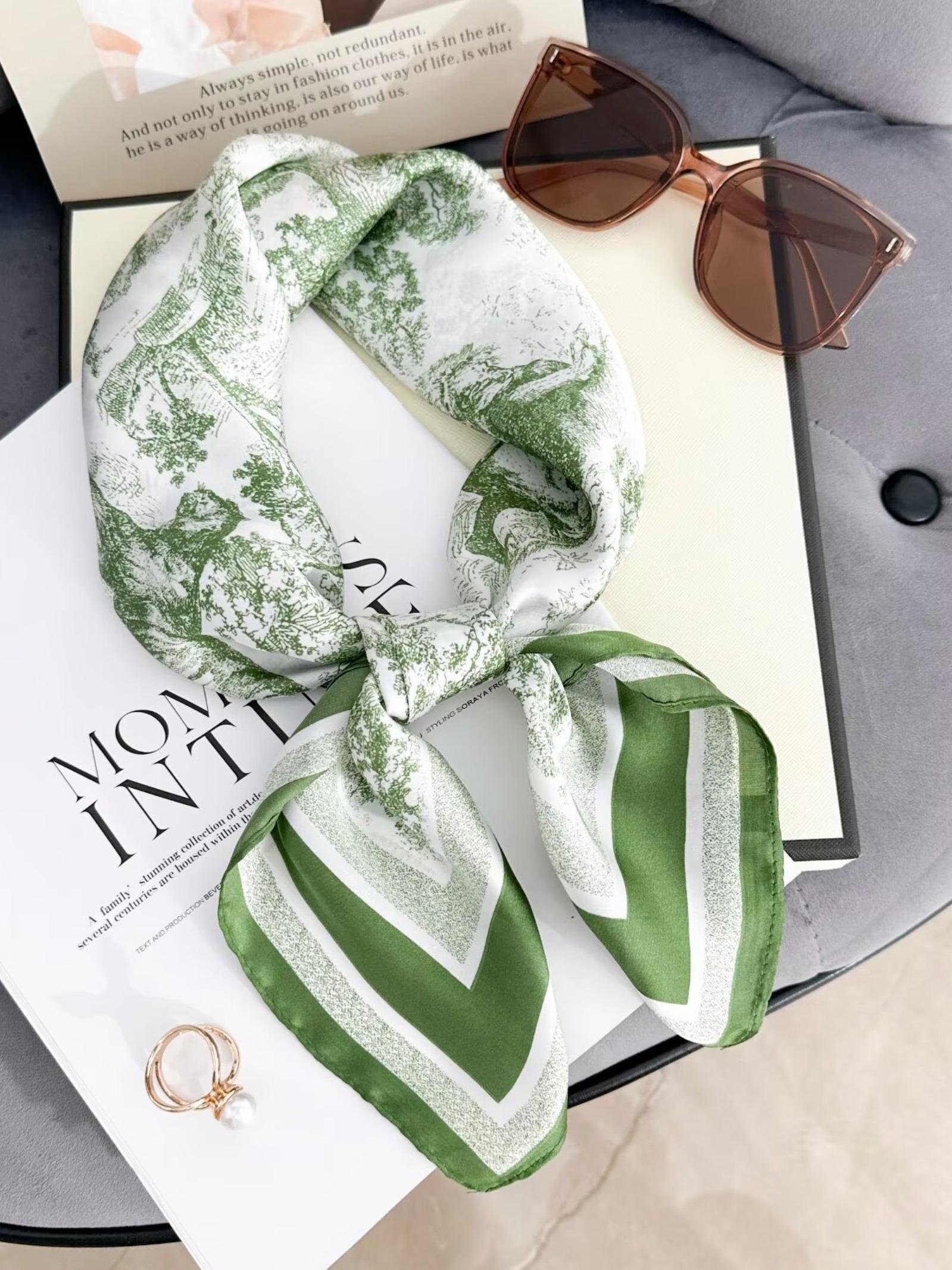 27.6 Inch Square Scarf with Landscape Print for Women, Fashionable Headband with Silk-like Elegance, All Seasons Casual Accessory for Style Enthusiasts