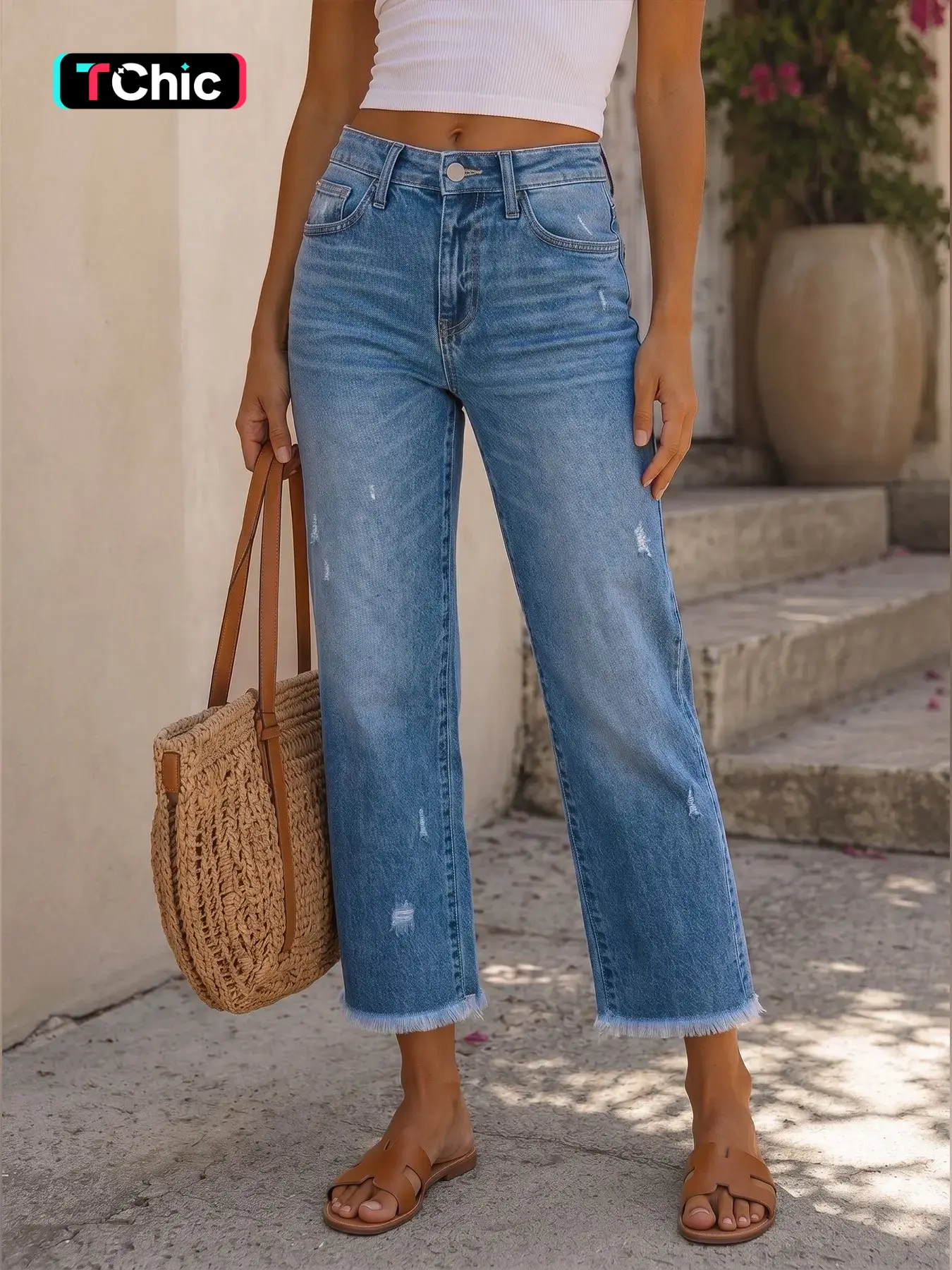 Blue Mid-Waist Ripped Jeans, American Vintage Washed Edge Design, Women's Casual Long Pants, Daily Wear Denim Trousers
