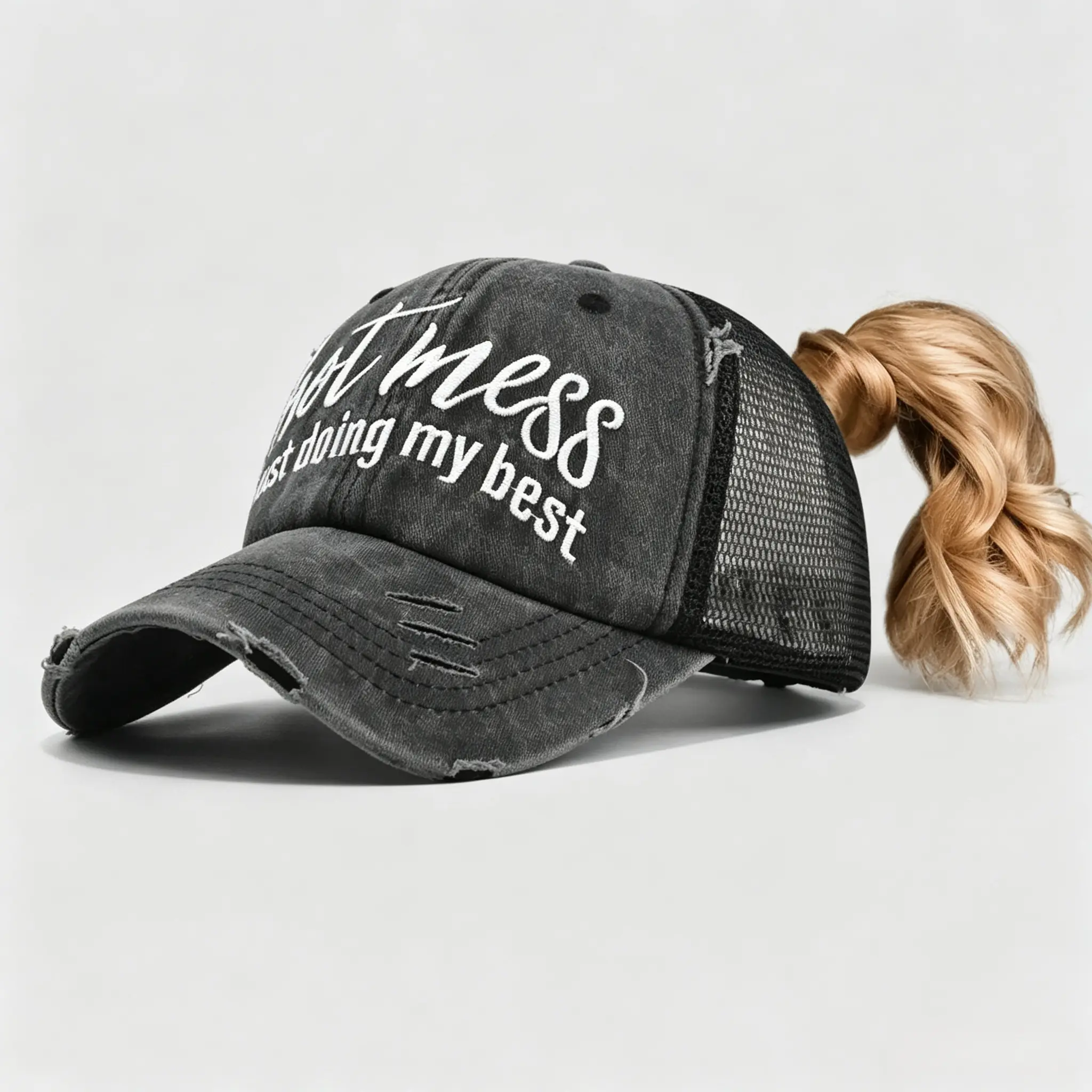 Women's Ponytail Baseball Cap, Distressed Embroidered Western Style Hat with Open Back, Adjustable Outdoor Sun Hat