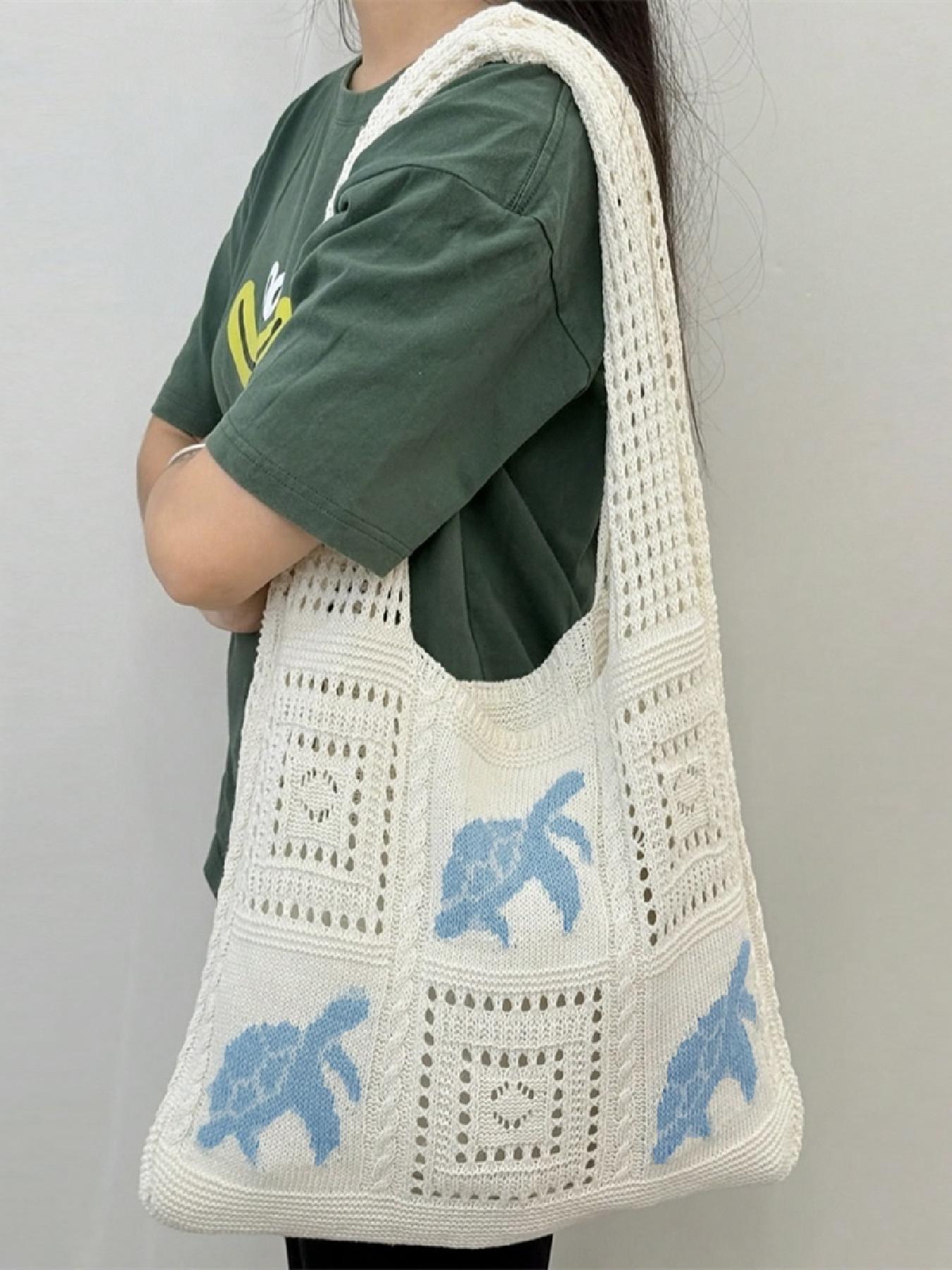 Ladies' simple casual hollow design shoulder bag, fashionable daily personalized pattern knitted bag, Colorblock Bag, Crossbody Crochet Bags