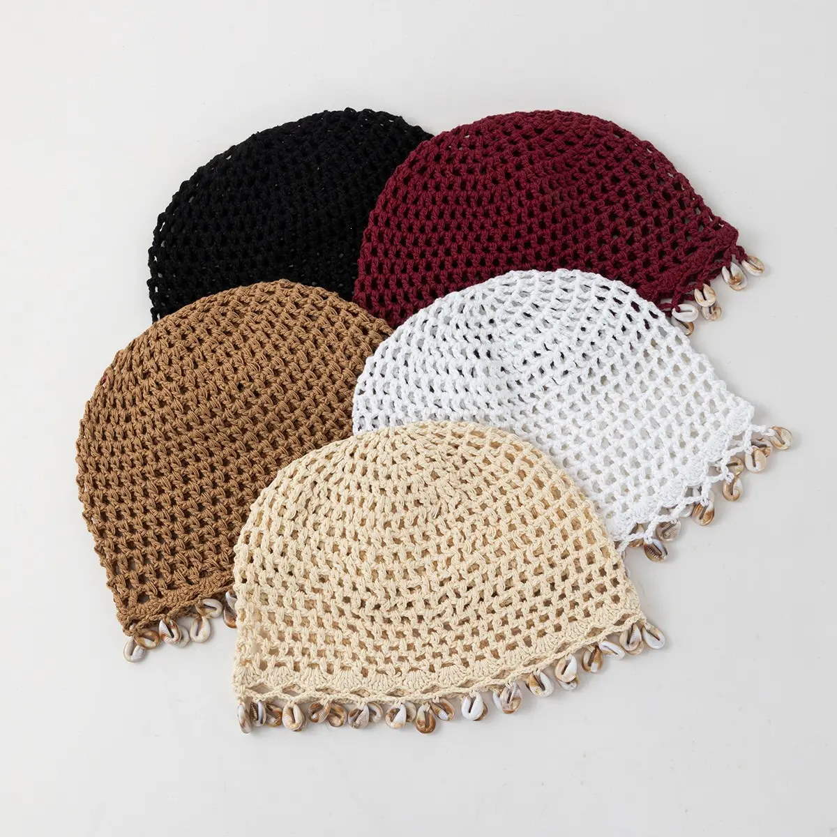 Effortless Crochet Hollow Out Knit Beanie Bonnet Breathable Cowrie Shell Trim Scalloped Skull Cap Lightweight Packable Summer Beach Vacation Festival Headwear
