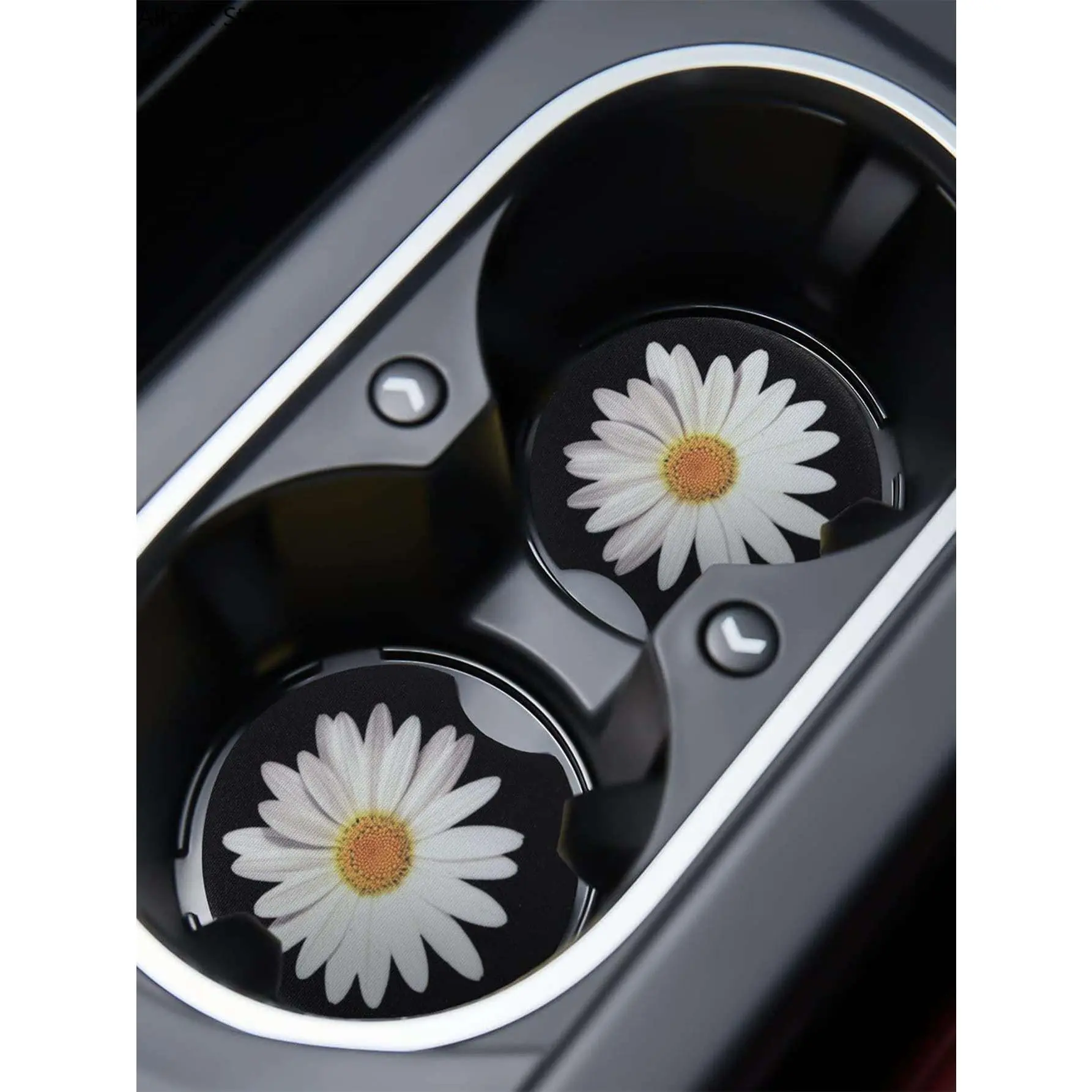 Car Cup Holder Coasters for Women, Set of 2 Pieces Absorbent Rubber Inserts with Daisy Floral Print for Cars, Spill Protection, Two Pieces