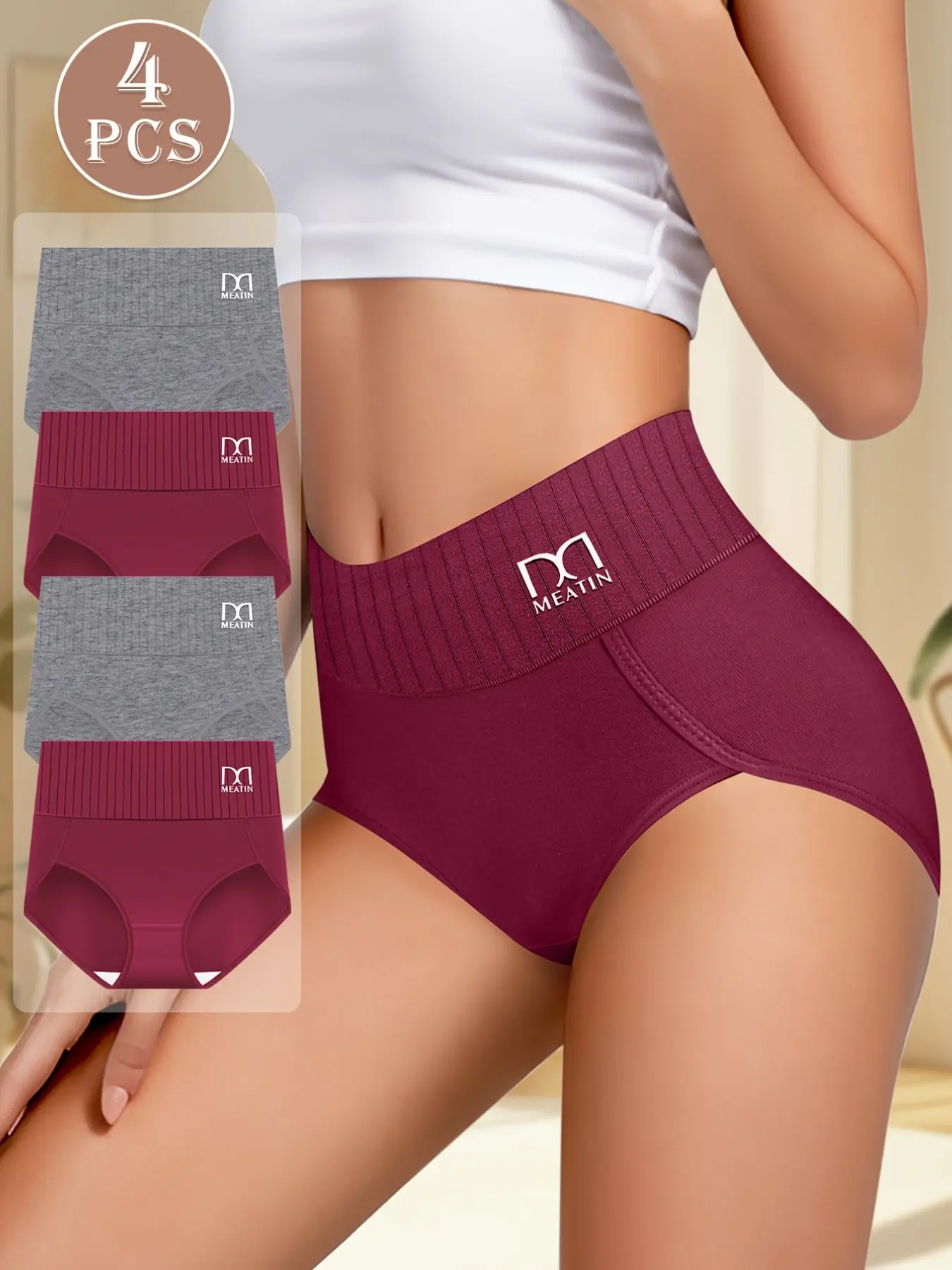 4 Pcs Soft Cotton Panties, Classic Mid Rise Full Coverage Undies, Elegant Chic Slim-Fitting Elastic Underwear for Postpartum Women, All Seasons, Soft Comfy Panties