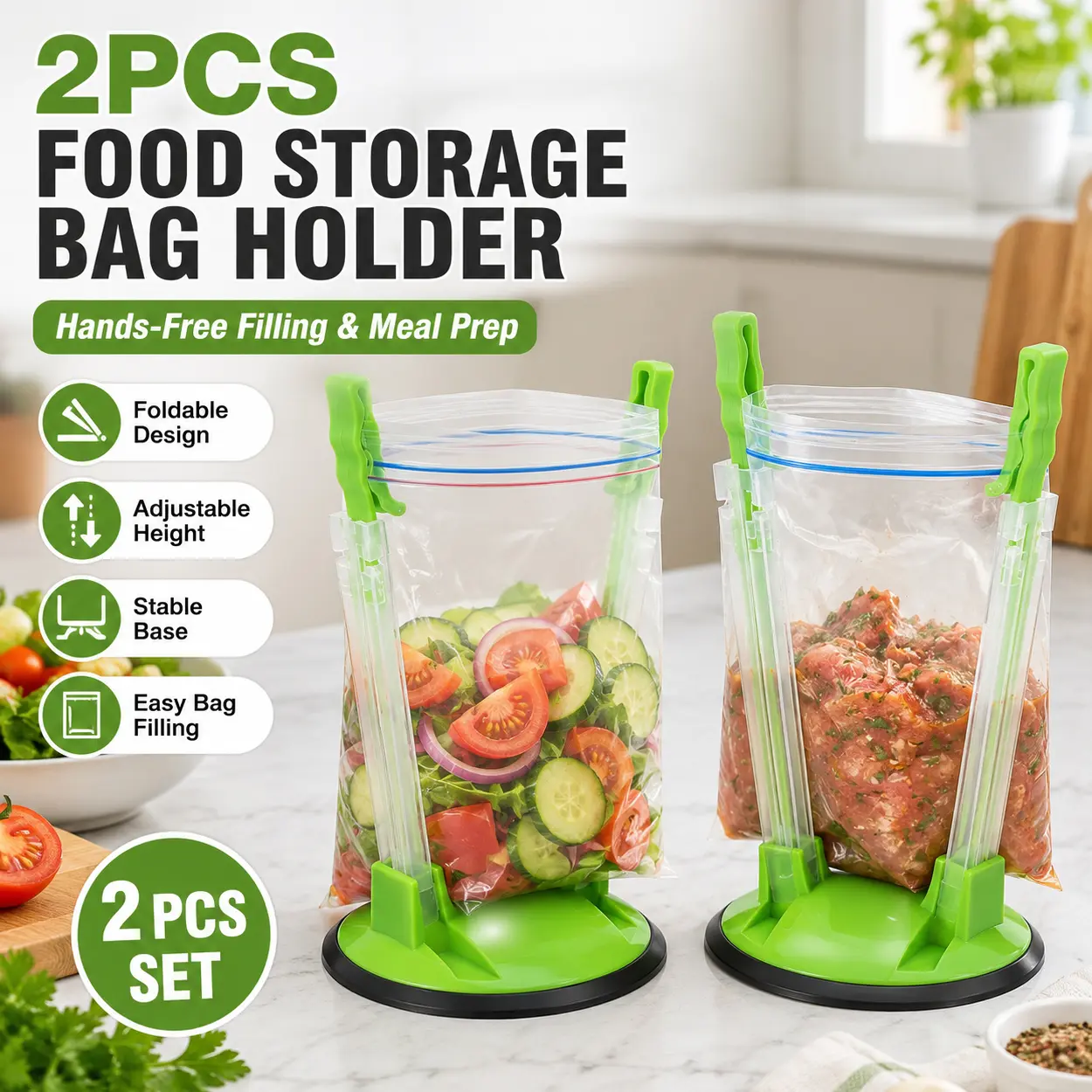2Pcs Baggy Rack Holder for Food Prep Bags, Foldable Hands-Free Plastic Bag Stand with Non-Slip Base and Adjustable Clip Arms, Reusable Kitchen Gadget for Freezer Bags, Meal Prep, Leftovers, Snacks, Marinade, Baking, Home Cooking and Pantry Storage