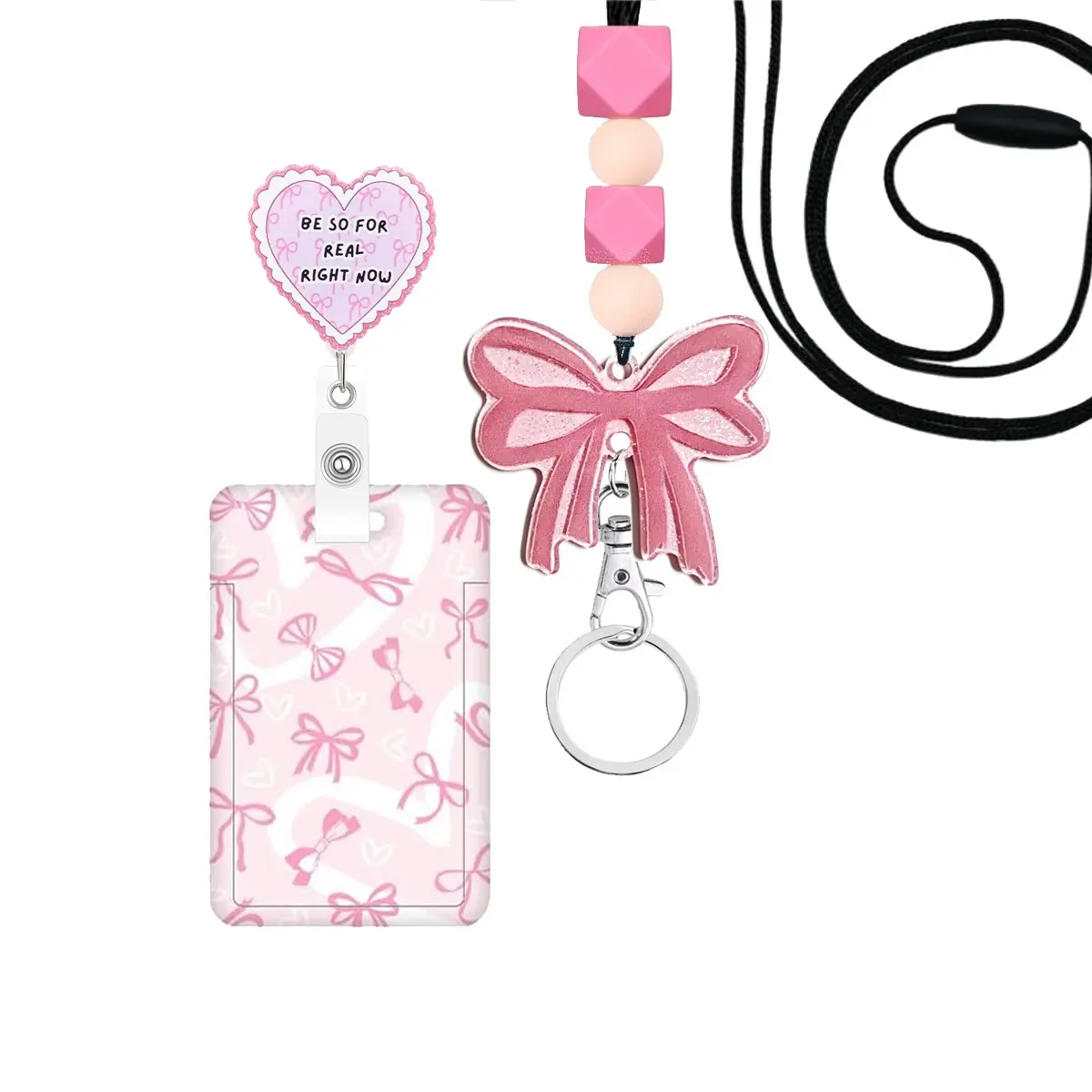 Sweet ID Badge Clip with Lanyard and Keychain, Adjustable Nurse Sleeve Holder, Fun Work Badge Stand, Office Card Protector