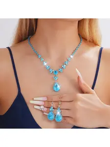 New European and American blue necklace and earrings with water drop design, high-end bridal wedding zircon jewelry party set, women's gift