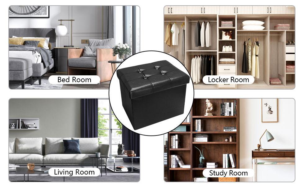 Storage Ottoman Folding Foot Rest Stool, Leather Footstool Bench, Short Ottoman Stool, Storage Foot Rest Store, Books (Black, 17" D x 13" W x 13" H)