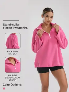 Women's Quarter-Zip Fleece Pullover, Soft Sherpa Half-Zip Hoodless Sweatshirt, Long Sleeve Loose Casual Fall Winter Top