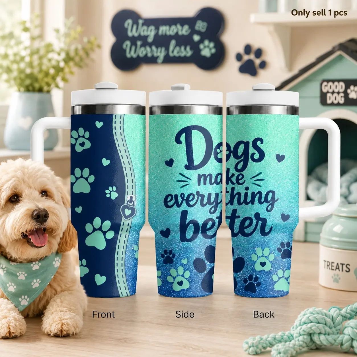 Dog Lover Zipper Design 40oz Tumbler with Handle & Straw Lid, Cute Paw Print Stainless Steel Vacuum Insulated Cup, Pet Mom Travel Coffee Mug, Car Cup Holder Friendly