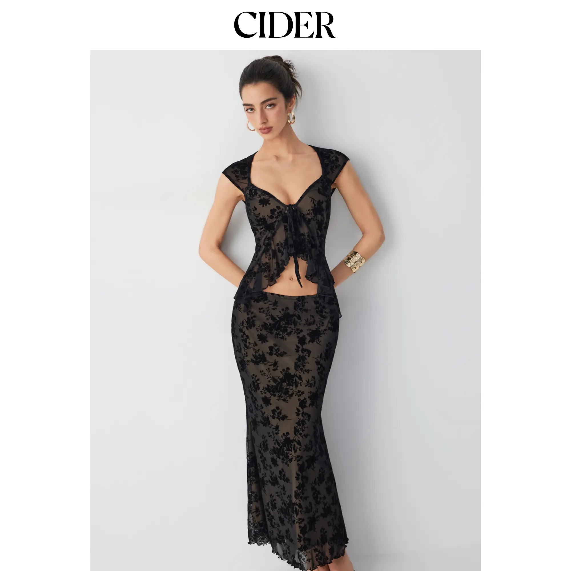 Cider Flocked Mesh Floral Tie Front Top & Mid Rise Midi Skirt Set SohoChic