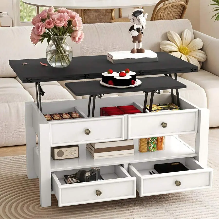 Coffee Table Lift Top, Multi-Function Convertible Coffee Table With Drawers And Hidden Compartment, Converts To Dining Table Living Room,Home Office