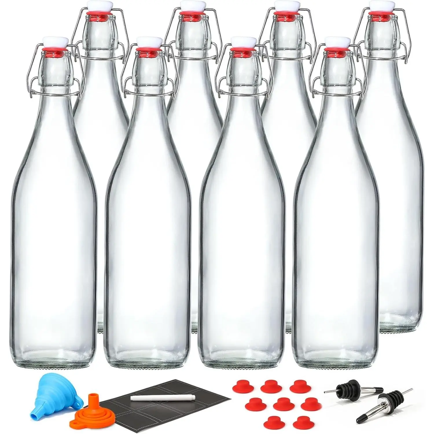 8 Pack [1 L / 33 fl. oz.] Swing Top Glass Bottles w/ Airtight Stopper Lids – Flip Top Brewing Bottle for Fermentation, Kombucha, Mead, Vinegar, Beer, Kefir, Wine, Soda – With 8 Extra Seals & 2 Pourer