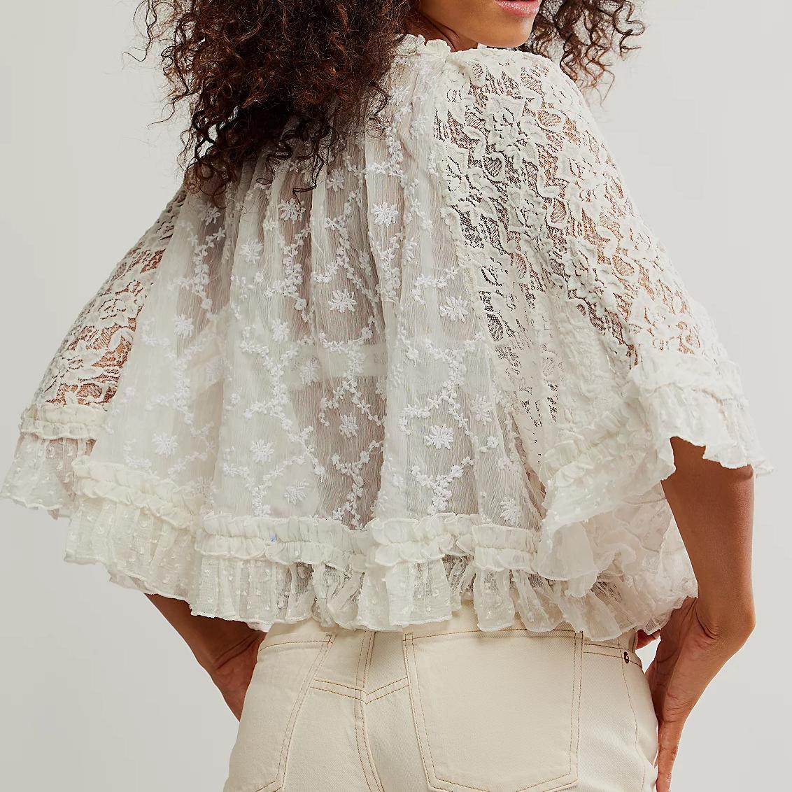 Women's Summer Trendy Lace T-Shirt Long Flared Sleeve Round Neck Sheer Party Tops