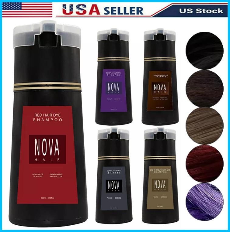 Nova Hair Instant Dye Shampoo - Safe Natural Haircare Solution for At-Home Use, Gray Coverage, Scalp Nourishment, Purple-Black Color for All Types