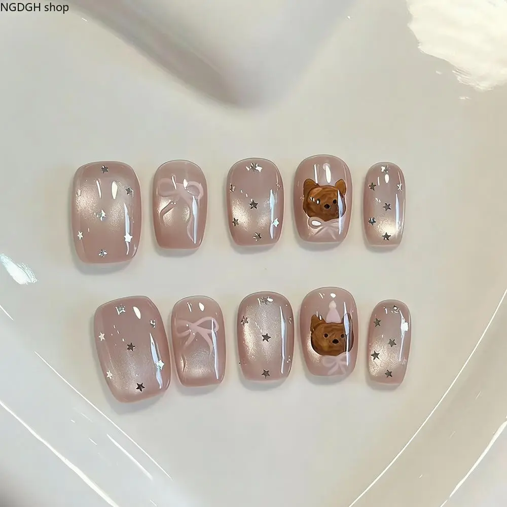 Handmade Jelly Pink Fake Nails Acrylic Glue on Nails, Glossy Medium Square False Nails with 3D Ribbon Bowknot for Ladies, Aesthetic Coquette Nail Art Tips Set for Daily Work Dating School Decor