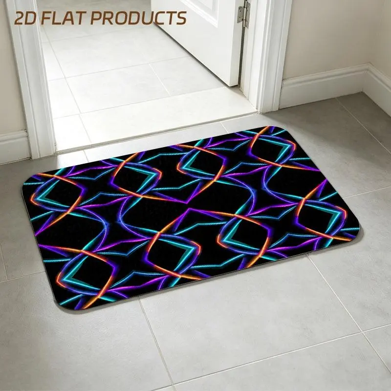 Neon Geometric Interlocking Pattern Entry Doormat, Black Background with Glowing Blue Purple Orange Lines, Multiple Specifications Available, Futuristic Kaleidoscopic Floor Mat for Entryway & Home Entrance Decor