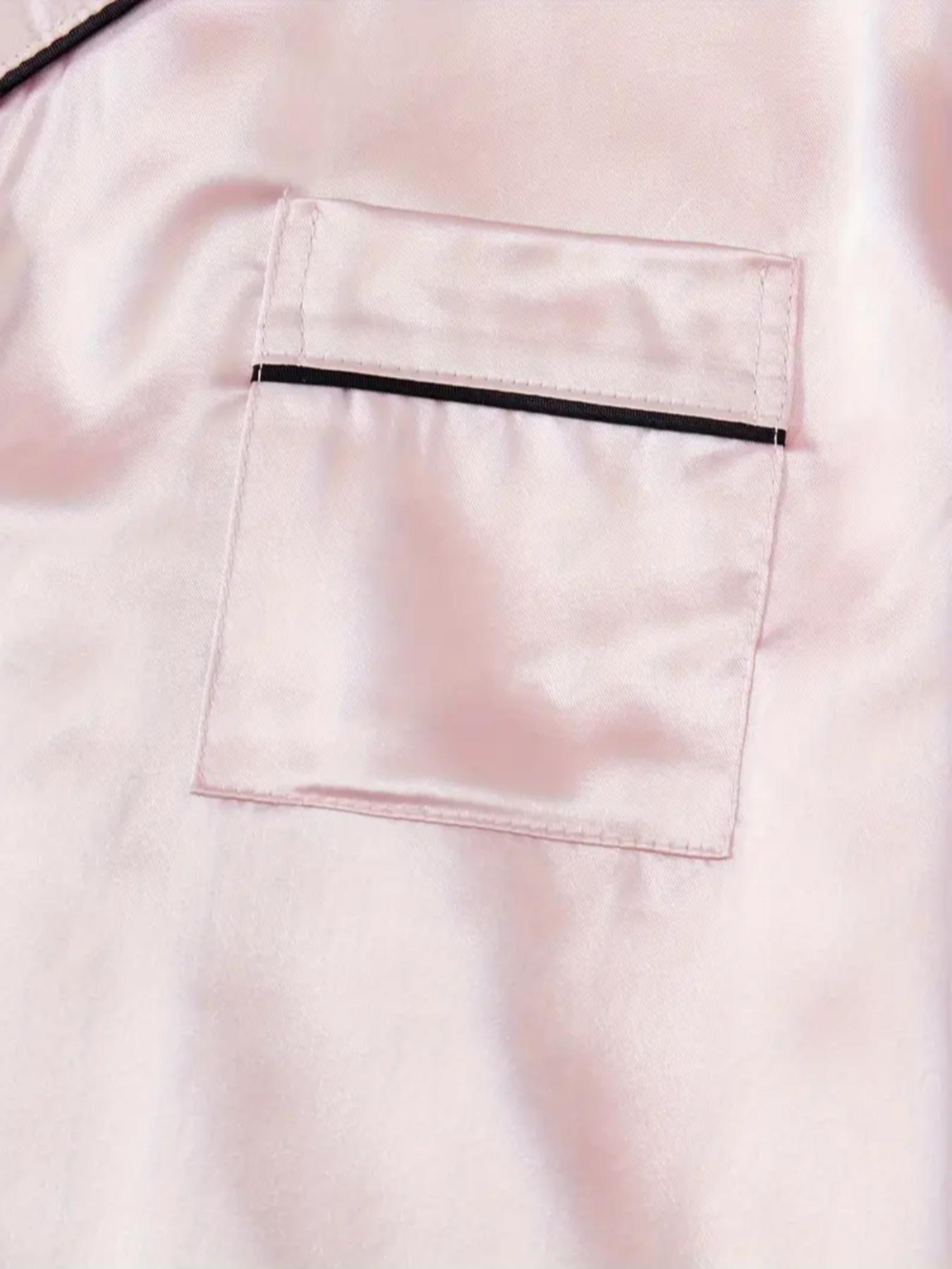 Women's Contrast Binding Button Front Satin Pyjama Dress, Soft Basic Casual Comfy Short Sleeve Lapel Neck Pocket Nightdress, Ladies Sleepwear for All Seasons, Lounge Pajama Style, Pajamas, Loungewear, Homewear