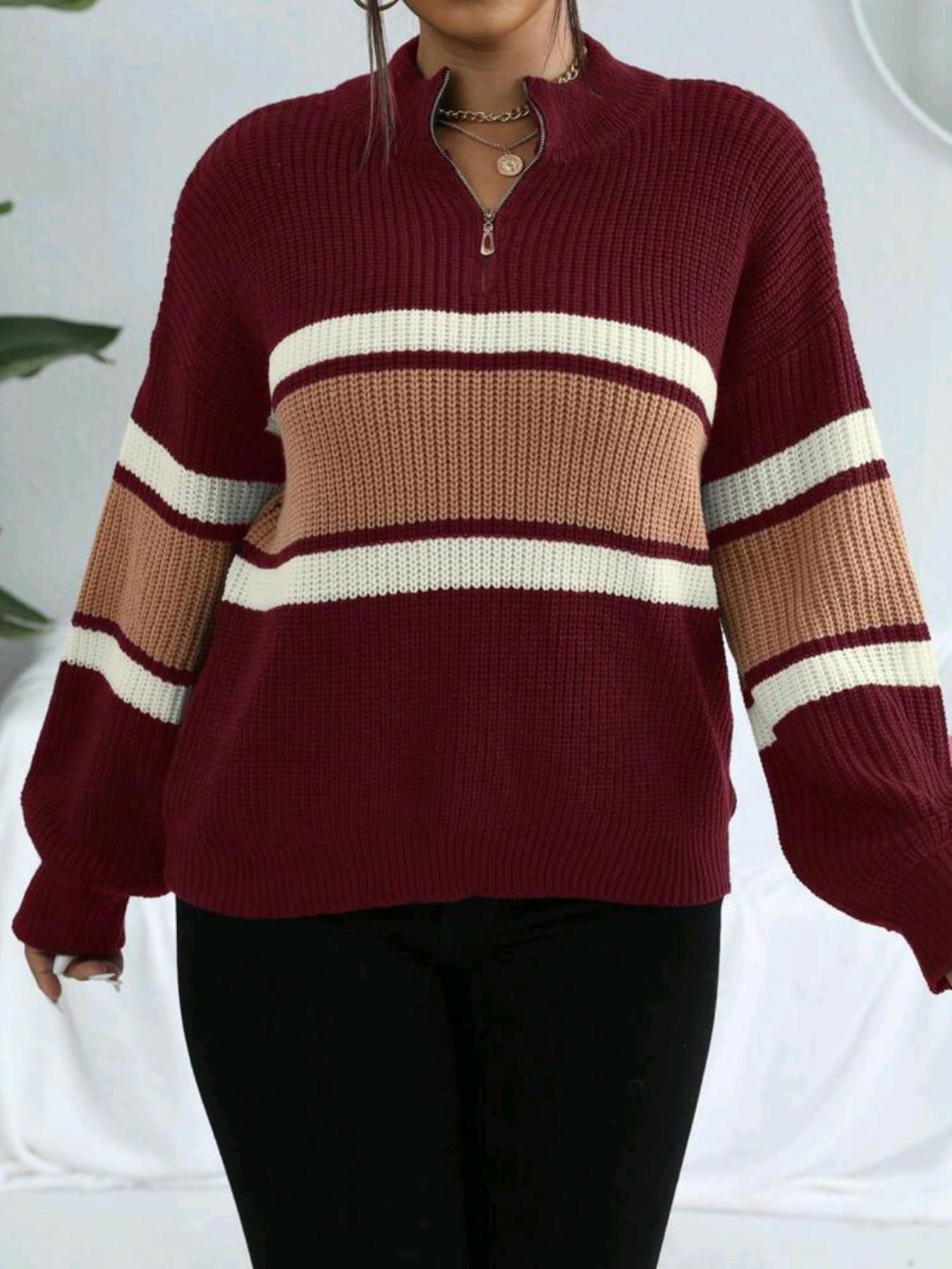 Women's Colorblock Striped Print Half Zip Up Mock Neck Sweater Pullover Top, Casual Loose Drop Shoulder Long Sleeve Jumper, Women's Fall & Winter Knitwear For Daily Wear Fitted Lady Womenswear