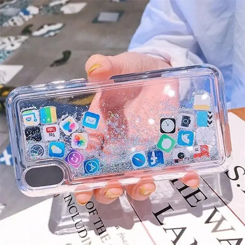 Luxury Quicksand Effect Glitter Liquid Phone Case with Cute App Icons - Mobile Phone Accessories, Protective Mobile Accessory for Multi-Model iPhone Series (16,15,14,13,12,11,7,8 Pro Max,Plus,X,XR,XS), Cellphone Patterned