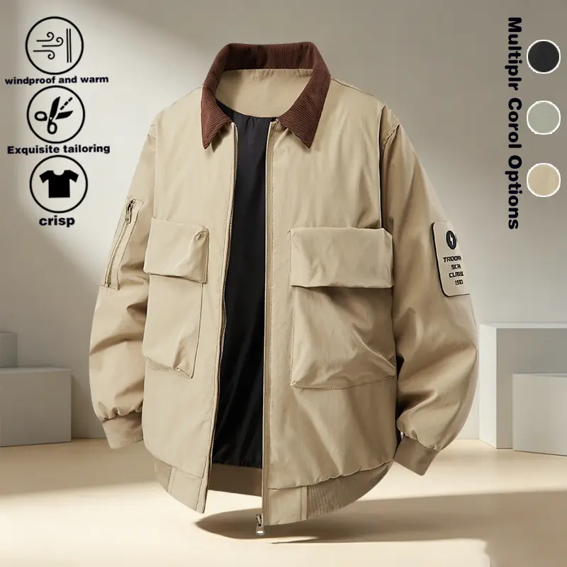 Color blocked lapel workwear jacket for men, Spring and Autumn American retro pilot jacket, multi pocket wide core velvet baseball collar top
