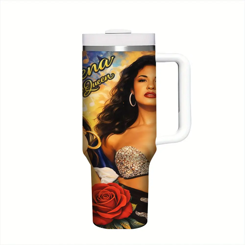 1pc 17oz/17.5oz/20oz/30oz/32oz/40oz Selena Queen Musical Note Red Rose Pattern Tumbler With Lid & Handle | Reusable Stainless Steel Cup For Concert, Road Trip & Camping