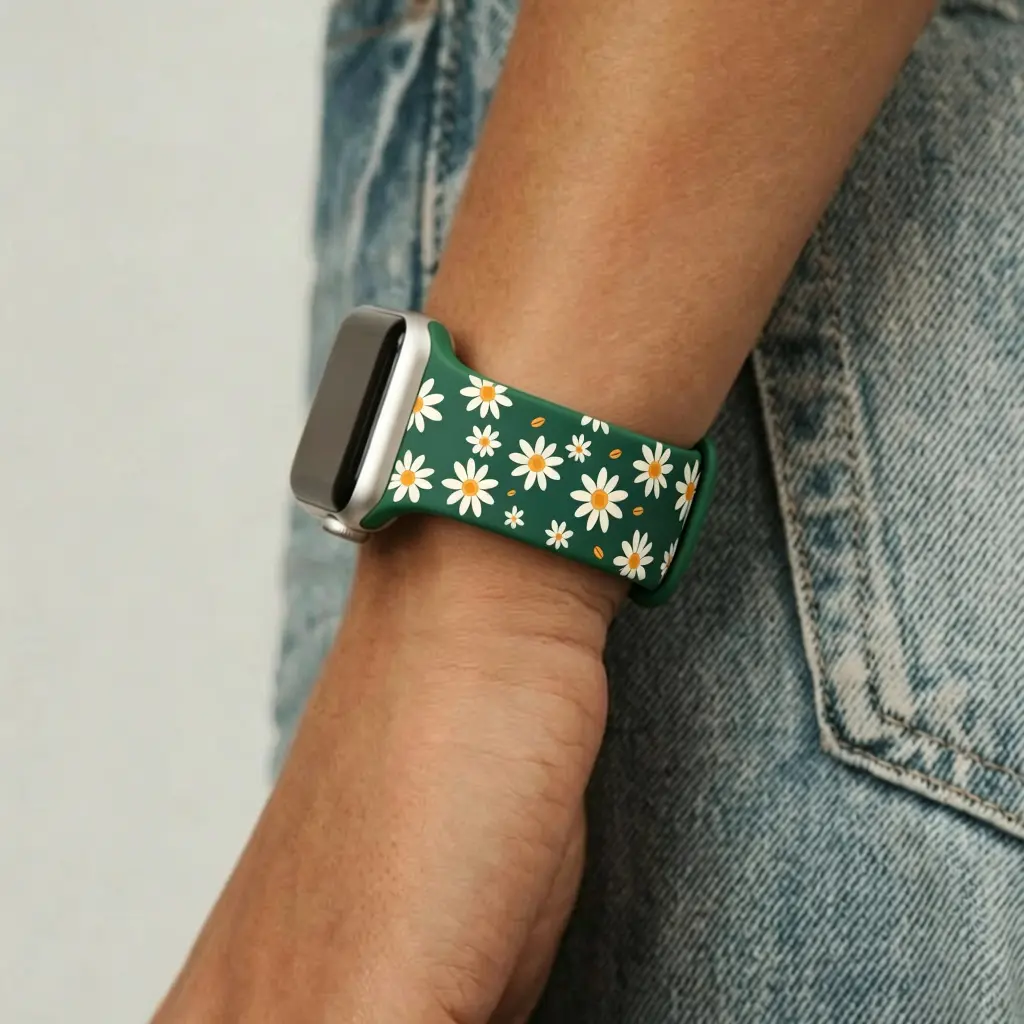 Dark Teal White Daisy Floral Print Silicone Bag Strap - Adjustable Fit, Fully Water Resistant, Multi-Size Cute Ditsy Flower Replacement, Soft Accessory for Teens, Work, Sporty Athletic Daily Outfit Matching, Accessories, Flowers, Women, Daily Wear