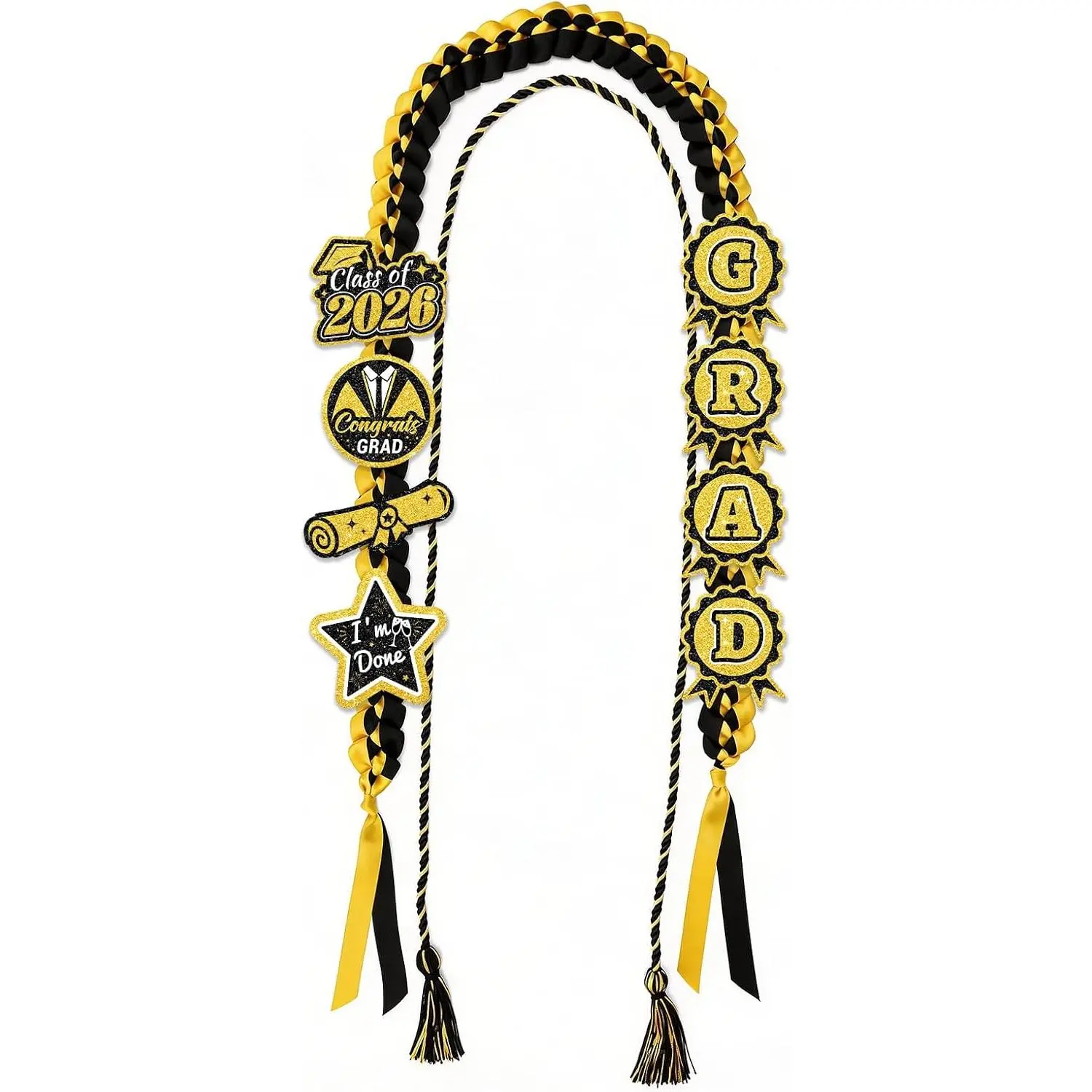 Graduation Leis 2026 and  Cord Set, Graduation  Lei 2026 with 8 Glitter Patches DIY  Braided Ribbon for Grad Party Decoration (Black & )