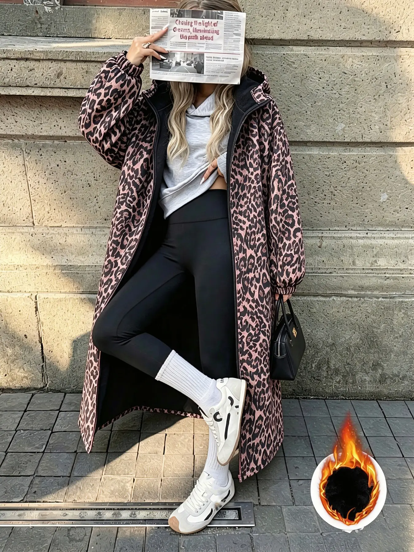 Women Long Hooded Coat, Drop Sleeve Oversized Leopard Print Jacket, Fall Clothing Women Fleece Lined Zipper Outerwear, Casual Loose Trench Coat for Street Daily Going Out Wear