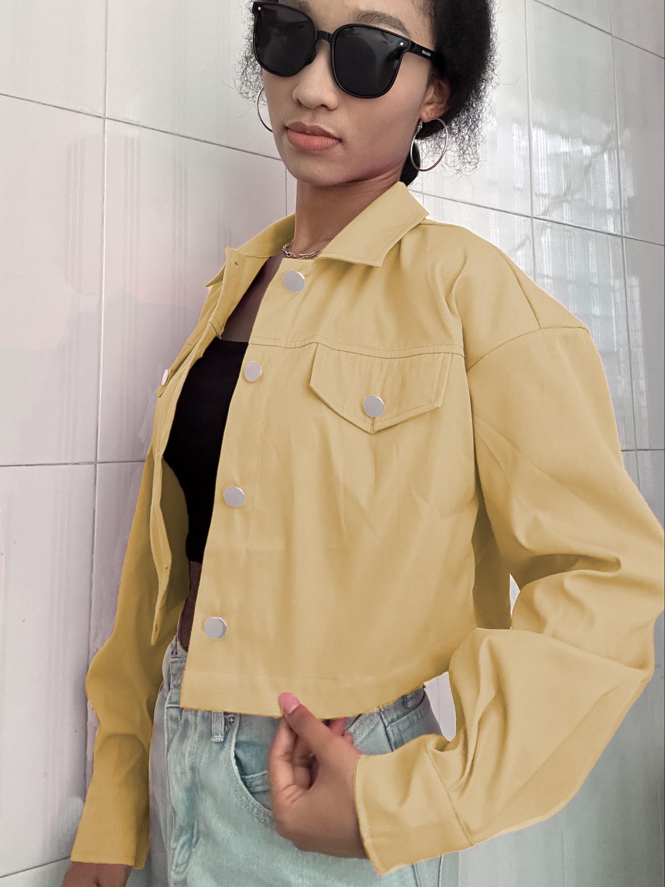 Women's Solid Button Front Drop Shoulder Crop Jacket, Casual Long Sleeve Collared Coat Outerwear for Fall & Winter, Ladies Clothes for Daily Wear